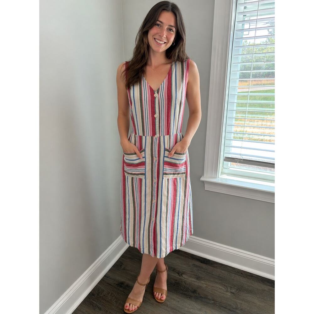 Old Navy Striped Button Front Midi Dress Linen Blend Sleeveless Coastal Vacation